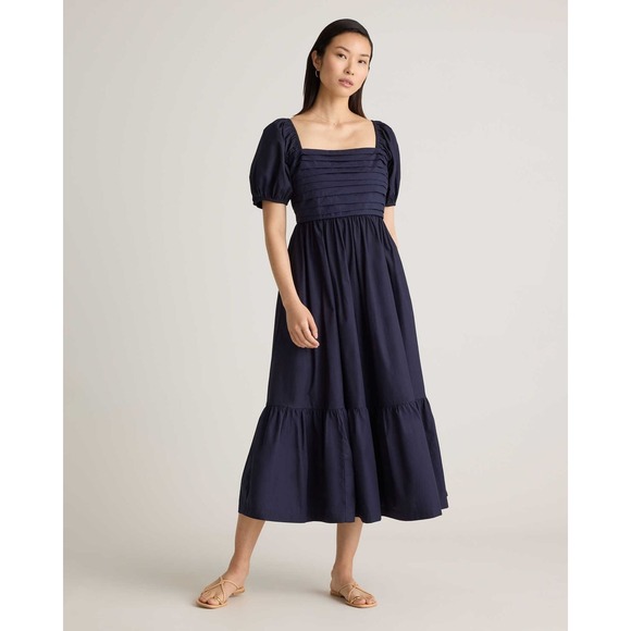 Quince Dresses & Skirts - Quince Organic Cotton Ruched Midi Dress Navy Blue Square Neck Tiered Skirt XS